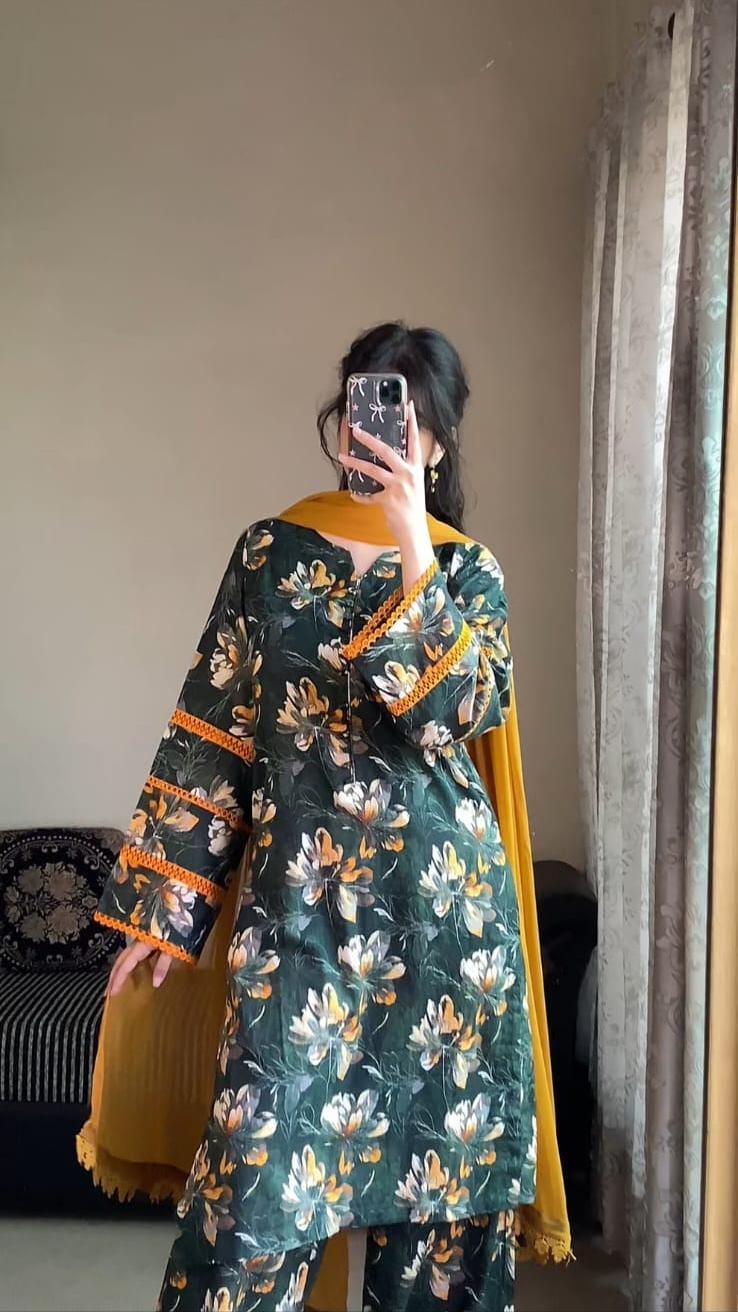 Pure Cotton Readymade Three Piece with Lace Work & Luxury Chiffon Orna